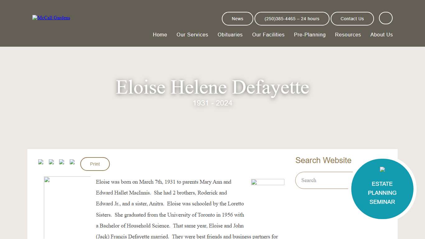 Eloise Helene Defayette Obituaries McCall Gardens Funeral and Cremation Service Victoria BC